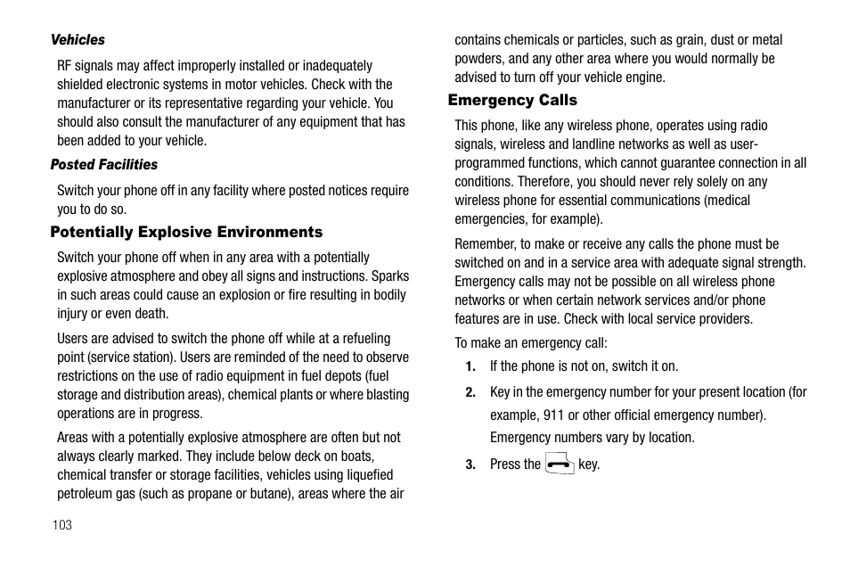 Vehicles, Posted facilities, Potentially explosive environments | Emergency calls, Potentially explosive environments emergency calls | Samsung Byline SCH-R310 User Manual | Page 106 / 120