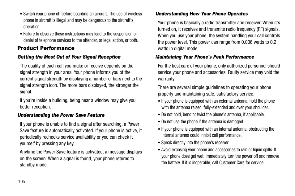 Product performance, Getting the most out of your signal reception, Understanding the power save feature | Understanding how your phone operates, Maintaining your phone's peak performance | Samsung Byline SCH-R310 User Manual | Page 108 / 120