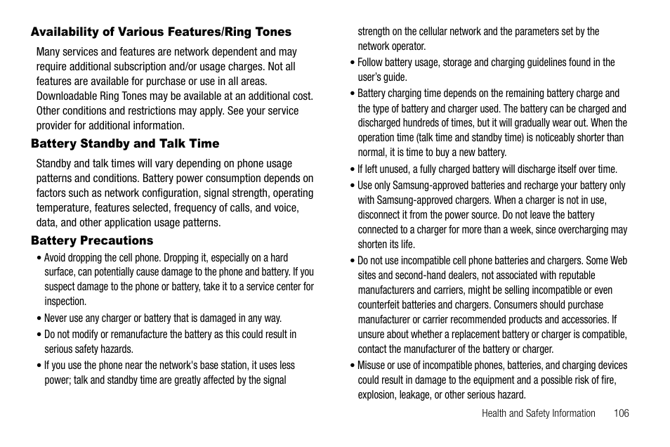 Availability of various features/ring tones, Battery standby and talk time, Battery precautions | Samsung Byline SCH-R310 User Manual | Page 109 / 120