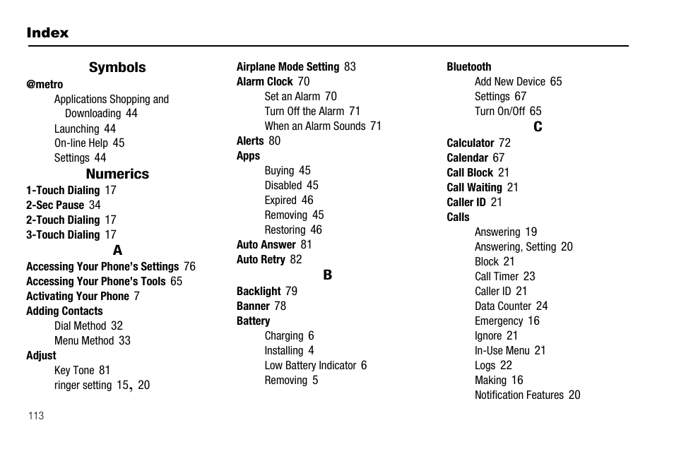 Index, Symbols, Numerics | Samsung Byline SCH-R310 User Manual | Page 116 / 120