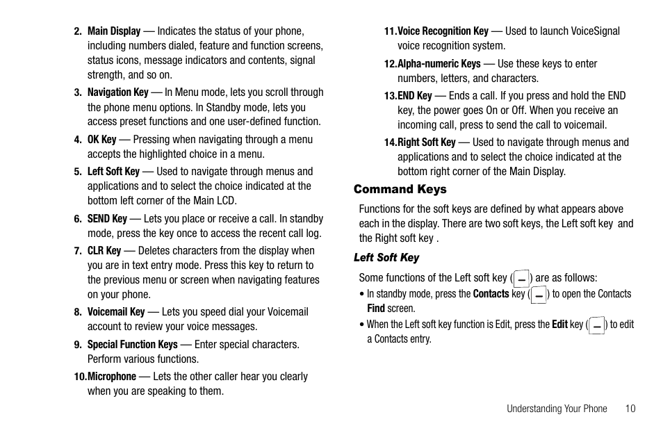 Command keys, Left soft key | Samsung Byline SCH-R310 User Manual | Page 13 / 120