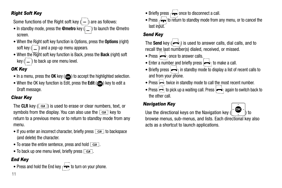 Right soft key, Ok key, Clear key | End key, Send key, Navigation key | Samsung Byline SCH-R310 User Manual | Page 14 / 120