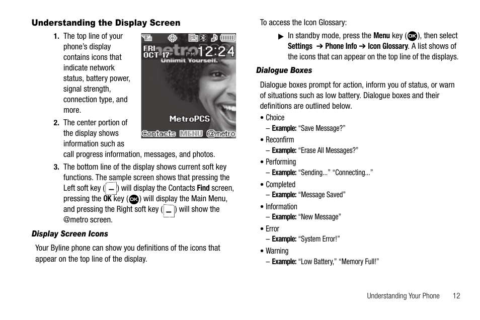 Understanding the display screen, Display screen icons, Dialogue boxes | Samsung Byline SCH-R310 User Manual | Page 15 / 120