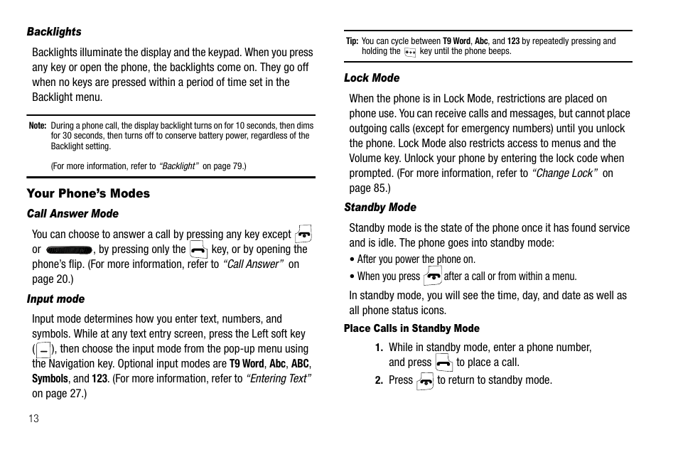 Backlights, Your phone’s modes, Call answer mode | Input mode, Lock mode, Standby mode, Place calls in standby mode | Samsung Byline SCH-R310 User Manual | Page 16 / 120