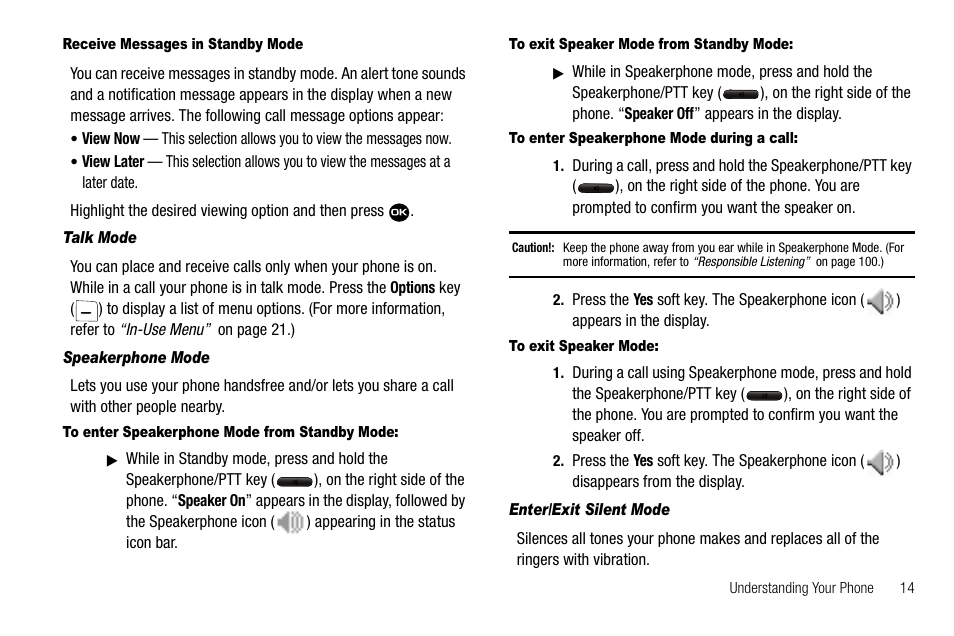 Receive messages in standby mode, Talk mode, Speakerphone mode | To enter speakerphone mode from standby mode, To exit speaker mode from standby mode, To enter speakerphone mode during a call, To exit speaker mode, Enter/exit silent mode | Samsung Byline SCH-R310 User Manual | Page 17 / 120