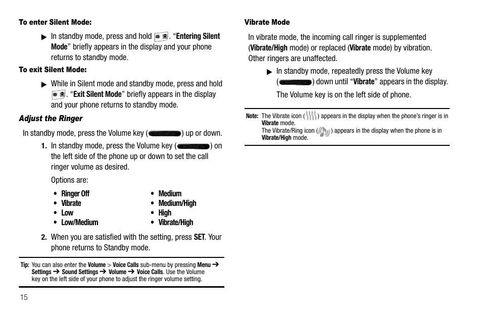 To enter silent mode, To exit silent mode, Adjust the ringer | Vibrate mode | Samsung Byline SCH-R310 User Manual | Page 18 / 120