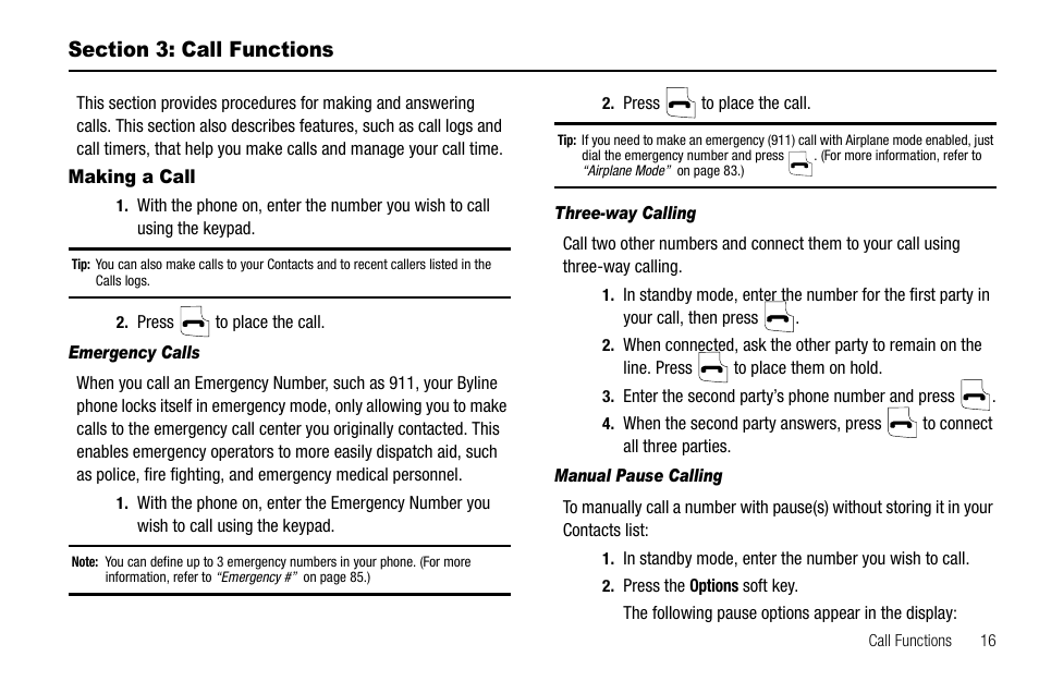 Section 3: call functions, Making a call, Emergency calls | Three-way calling, Manual pause calling | Samsung Byline SCH-R310 User Manual | Page 19 / 120