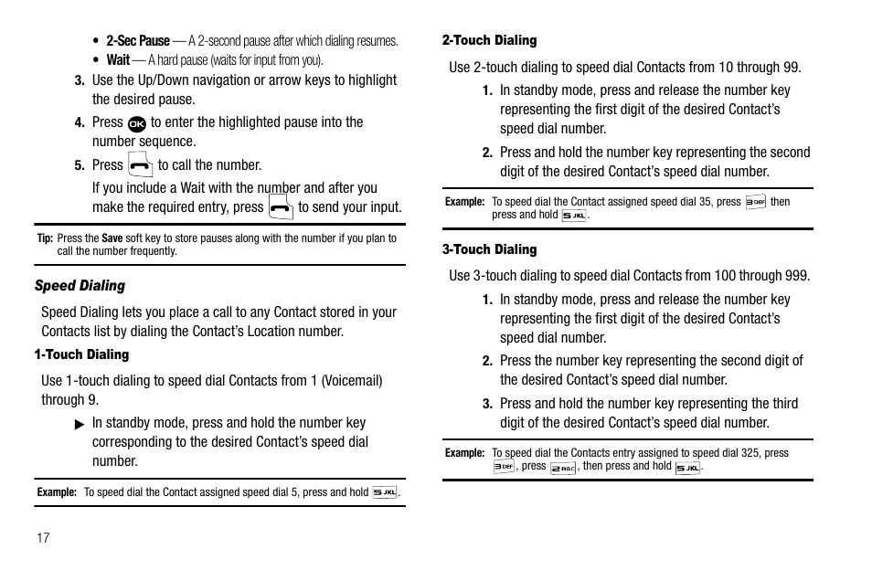 Speed dialing, Touch dialing | Samsung Byline SCH-R310 User Manual | Page 20 / 120