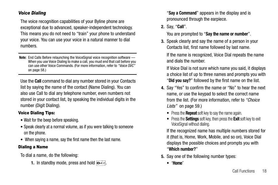 Voice dialing, Voice dialing tips, Dialing a name | Samsung Byline SCH-R310 User Manual | Page 21 / 120