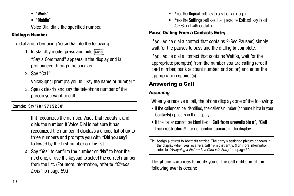 Dialing a number, Pause dialing from a contacts entry, Answering a call | Incoming | Samsung Byline SCH-R310 User Manual | Page 22 / 120