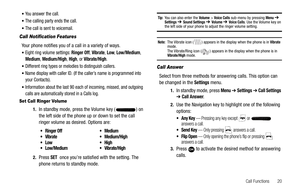 Call notification features, Set call ringer volume, Call answer | Samsung Byline SCH-R310 User Manual | Page 23 / 120