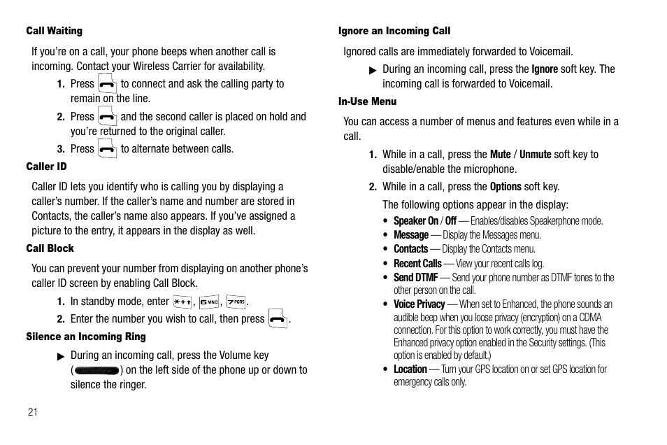 Call waiting, Caller id, Call block | Silence an incoming ring, Ignore an incoming call, In-use menu, Ons. (for more information | Samsung Byline SCH-R310 User Manual | Page 24 / 120