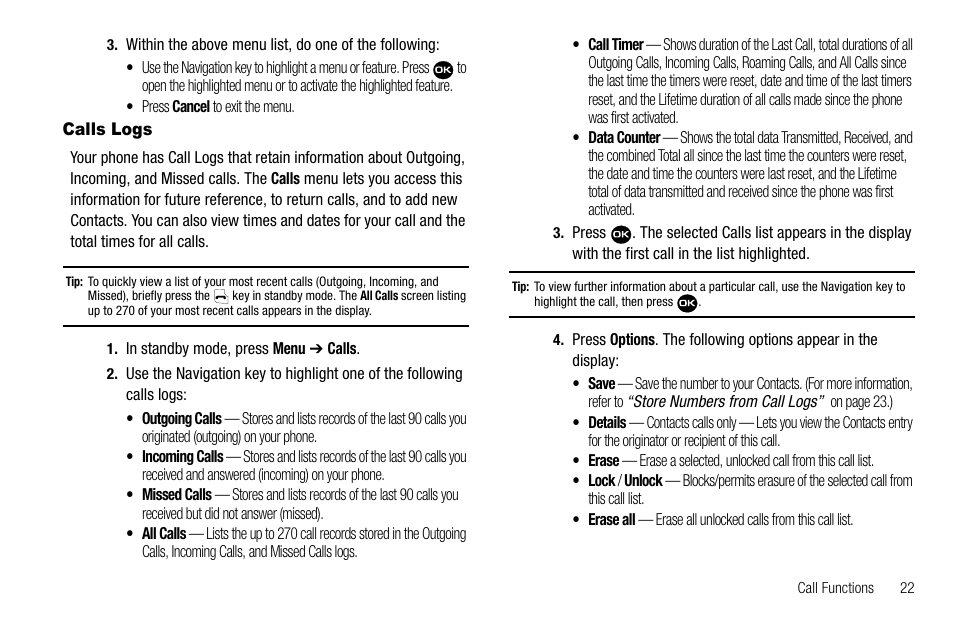 Calls logs | Samsung Byline SCH-R310 User Manual | Page 25 / 120