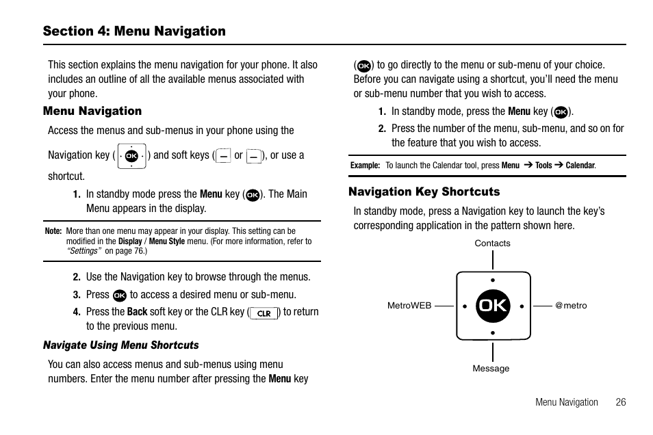 Section 4: menu navigation, Menu navigation, Navigate using menu shortcuts | Navigation key shortcuts, Menu navigation navigation key shortcuts | Samsung Byline SCH-R310 User Manual | Page 29 / 120