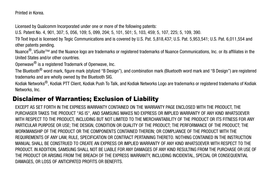 Disclaimer of warranties; exclusion of liability | Samsung Byline SCH-R310 User Manual | Page 3 / 120