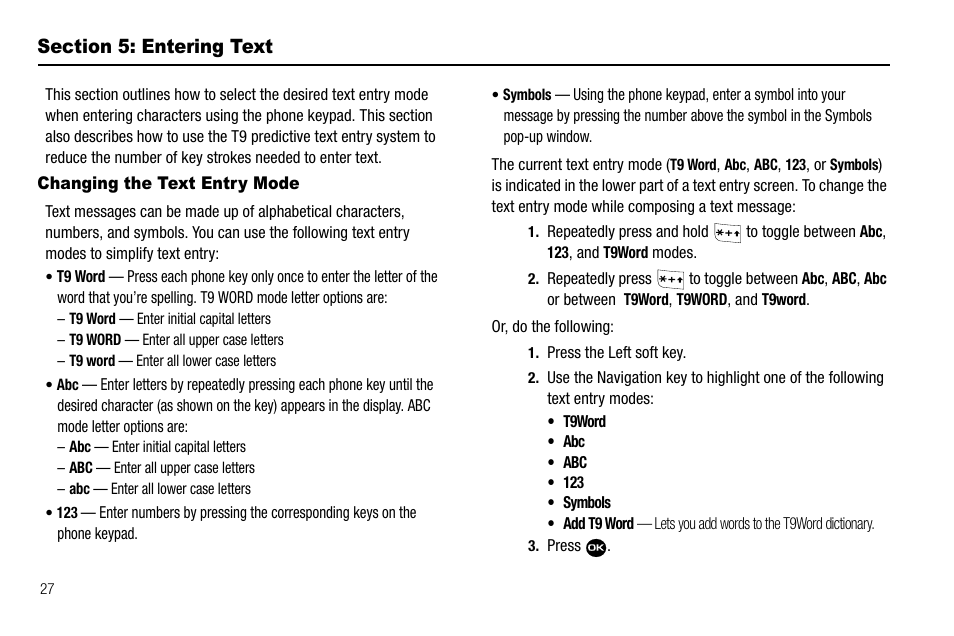 Section 5: entering text, Changing the text entry mode | Samsung Byline SCH-R310 User Manual | Page 30 / 120
