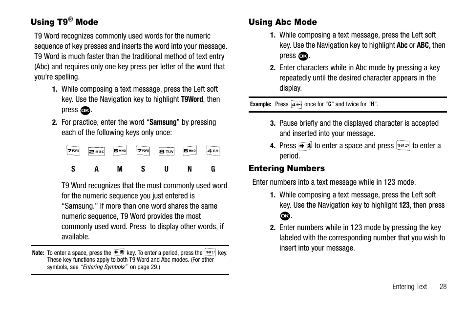 Using t9® mode, Using abc mode, Entering numbers | Using t9® mode using abc mode | Samsung Byline SCH-R310 User Manual | Page 31 / 120