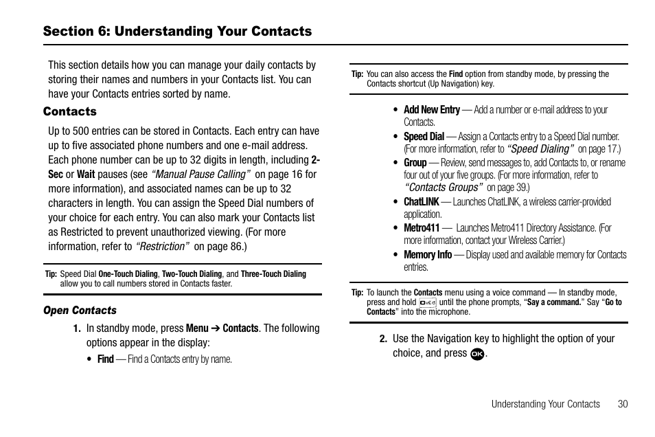 Section 6: understanding your contacts, Contacts, Open contacts | Samsung Byline SCH-R310 User Manual | Page 33 / 120