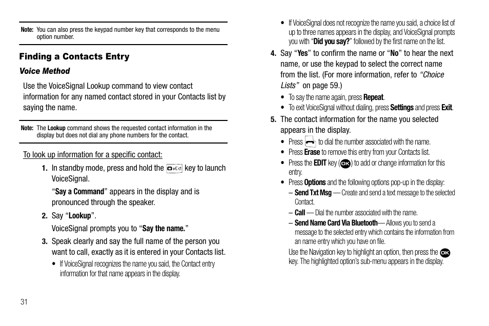 Finding a contacts entry, Voice method | Samsung Byline SCH-R310 User Manual | Page 34 / 120