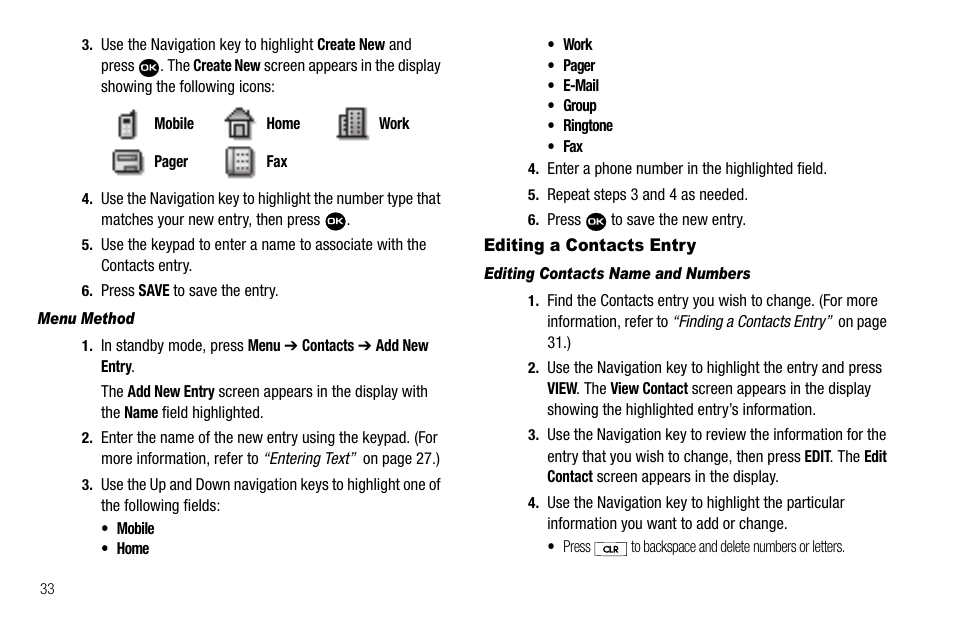 Menu method, Editing a contacts entry, Editing contacts name and numbers | Samsung Byline SCH-R310 User Manual | Page 36 / 120