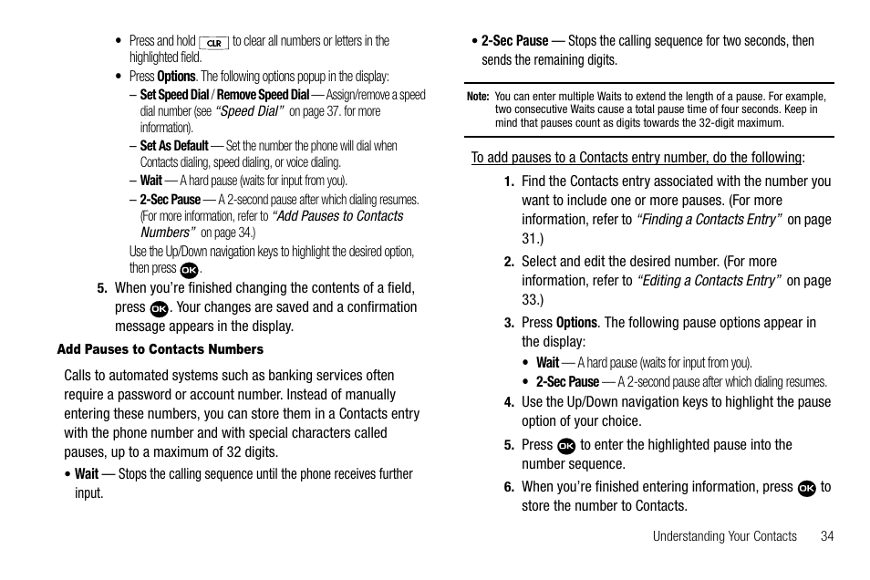 Add pauses to contacts numbers | Samsung Byline SCH-R310 User Manual | Page 37 / 120