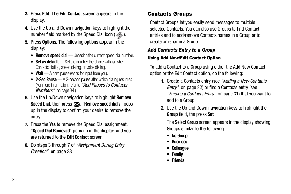 Contacts groups, Add contacts entry to a group, Using add new/edit contact option | Samsung Byline SCH-R310 User Manual | Page 42 / 120