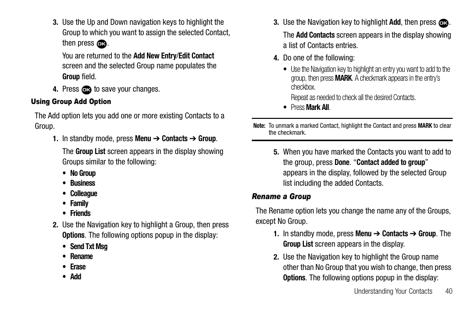 Using group add option, Rename a group | Samsung Byline SCH-R310 User Manual | Page 43 / 120