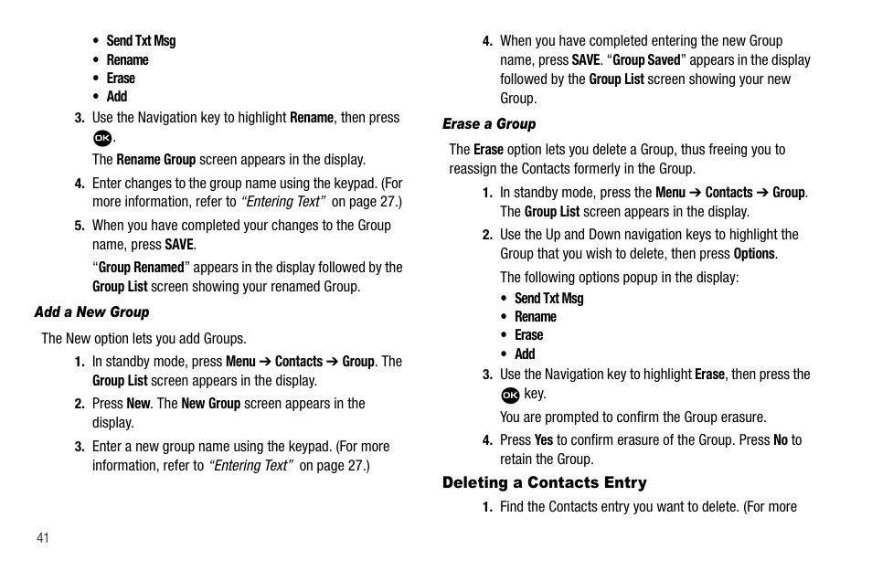 Add a new group, Erase a group, Deleting a contacts entry | Samsung Byline SCH-R310 User Manual | Page 44 / 120