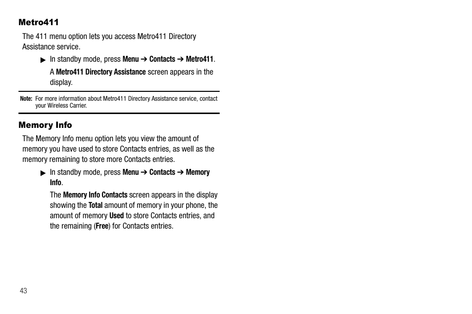 Metro411, Memory info, Metro411 memory info | Samsung Byline SCH-R310 User Manual | Page 46 / 120