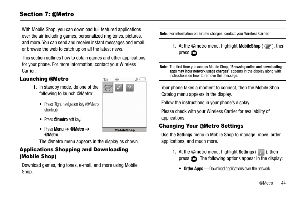 Section 7: @metro, Launching @metro, Changing your @metro settings | Samsung Byline SCH-R310 User Manual | Page 47 / 120