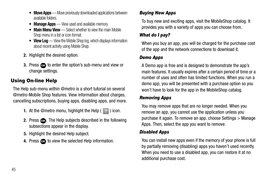 Using on-line help, Buying new apps, What do i pay | Demo apps, Removing apps, Disabled apps | Samsung Byline SCH-R310 User Manual | Page 48 / 120