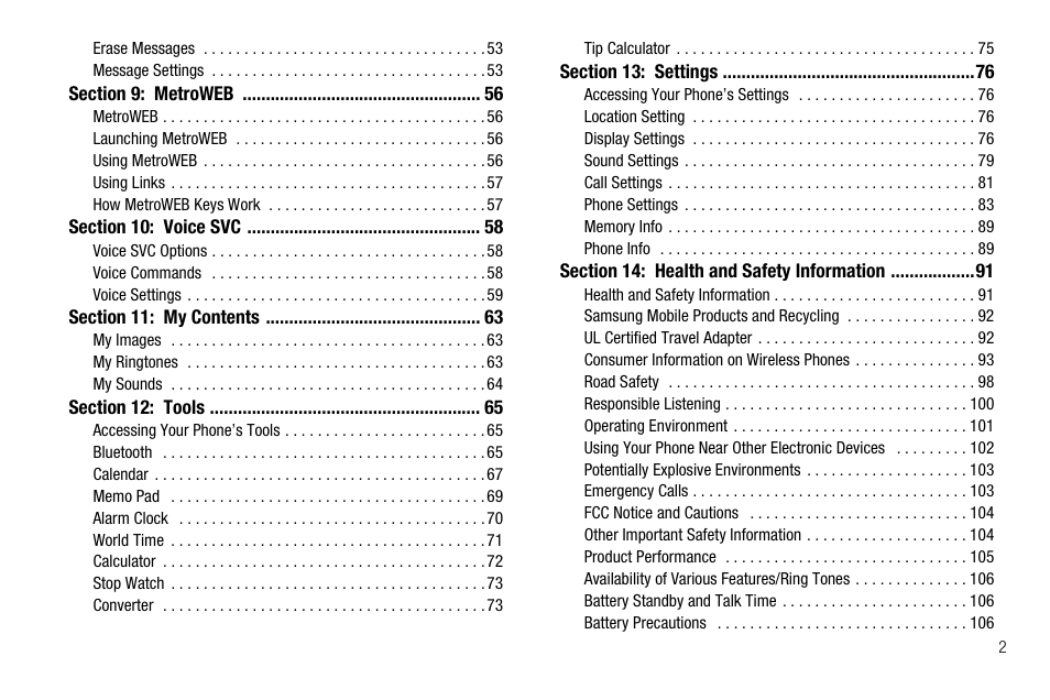 Section 9: metroweb 56, Section 10: voice svc 58, Section 11: my contents 63 | Section 12: tools 65, Section 13: settings 76, Section 14: health and safety information 91 | Samsung Byline SCH-R310 User Manual | Page 5 / 120