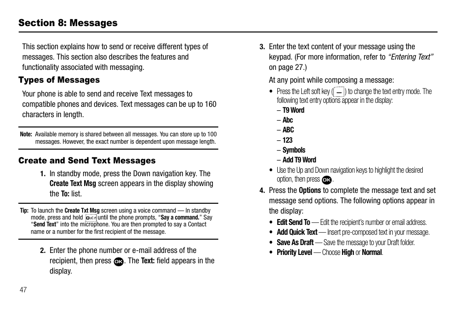 Section 8: messages, Types of messages, Create and send text messages | Types of messages create and send text messages | Samsung Byline SCH-R310 User Manual | Page 50 / 120