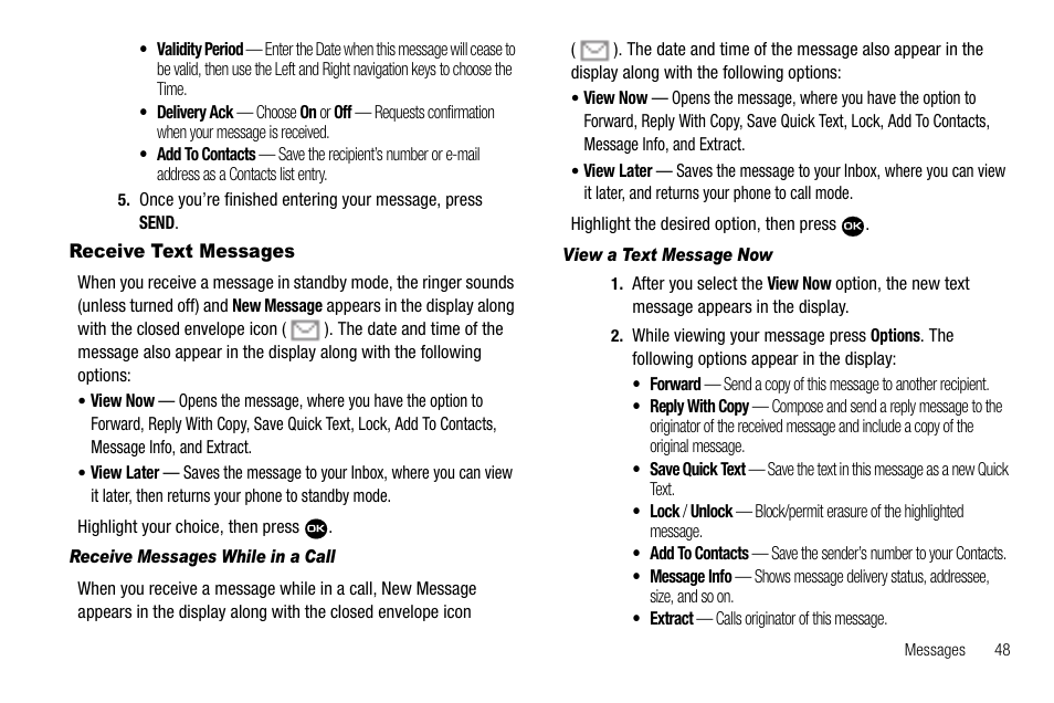 Receive text messages, Receive messages while in a call, View a text message now | Samsung Byline SCH-R310 User Manual | Page 51 / 120