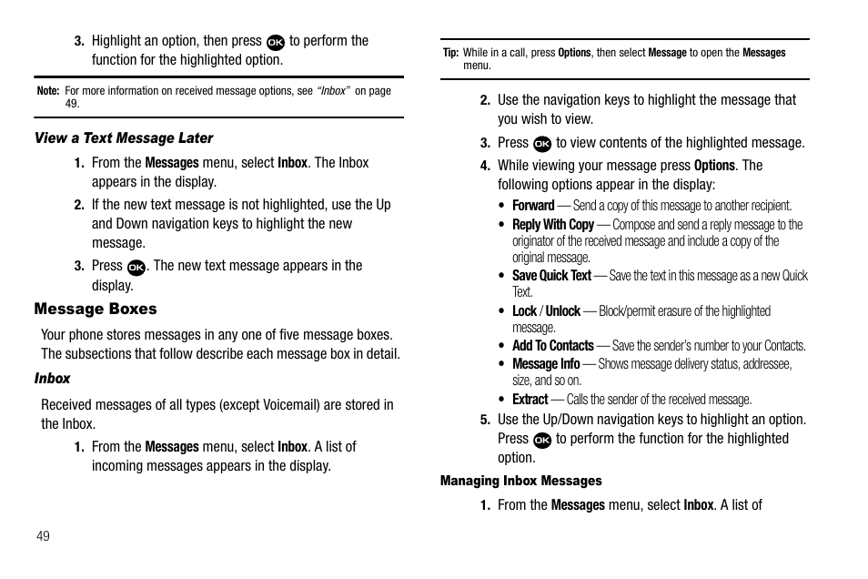 View a text message later, Message boxes, Inbox | Managing inbox messages | Samsung Byline SCH-R310 User Manual | Page 52 / 120