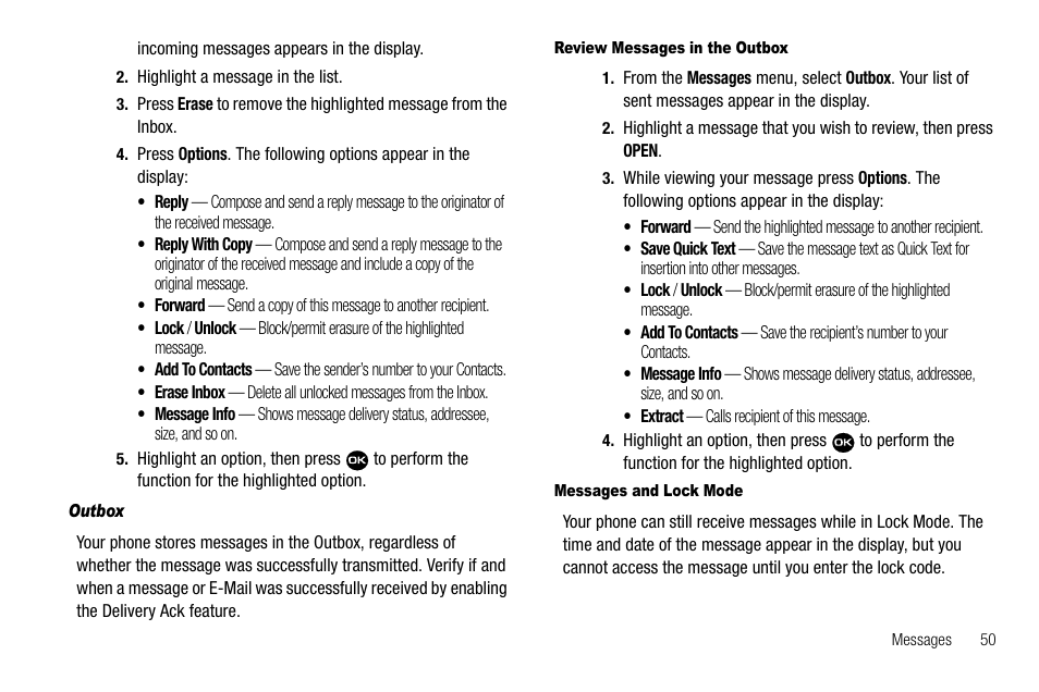 Outbox, Review messages in the outbox, Messages and lock mode | Samsung Byline SCH-R310 User Manual | Page 53 / 120