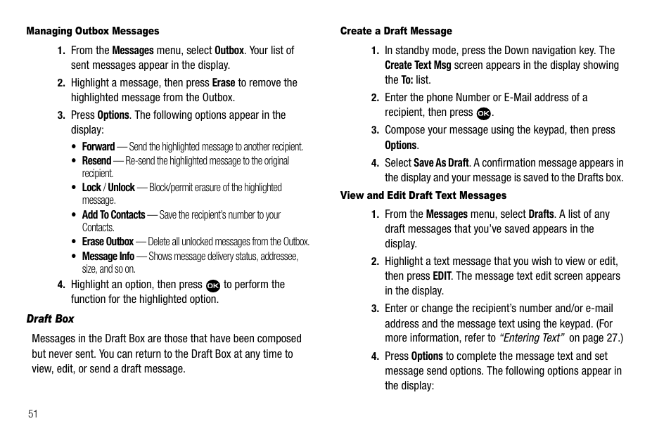 Managing outbox messages, Draft box, Create a draft message | View and edit draft text messages | Samsung Byline SCH-R310 User Manual | Page 54 / 120