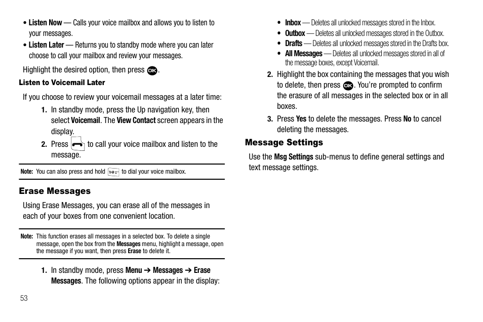 Listen to voicemail later, Erase messages, Message settings | Erase messages message settings | Samsung Byline SCH-R310 User Manual | Page 56 / 120