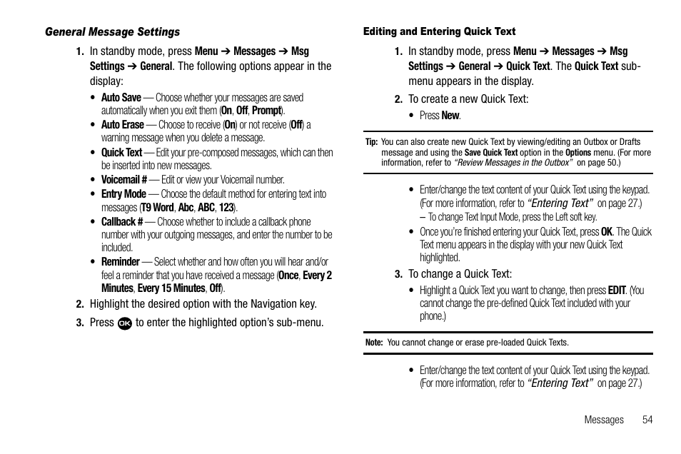 General message settings, Editing and entering quick text | Samsung Byline SCH-R310 User Manual | Page 57 / 120