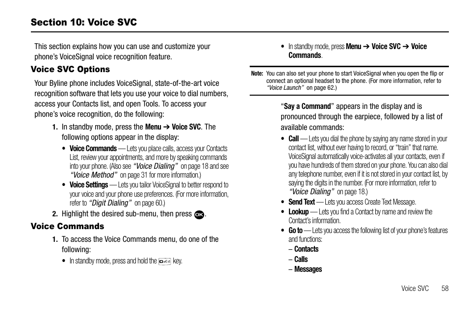 Section 10: voice svc, Voice svc options, Voice commands | Voice svc options voice commands | Samsung Byline SCH-R310 User Manual | Page 61 / 120