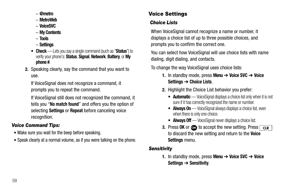 Voice command tips, Voice settings, Choice lists | Sensitivity | Samsung Byline SCH-R310 User Manual | Page 62 / 120