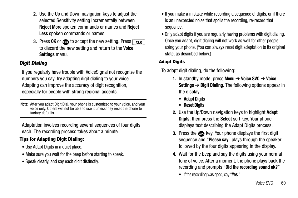 Digit dialing, Tips for adapting digit dialing, Adapt digits | Samsung Byline SCH-R310 User Manual | Page 63 / 120