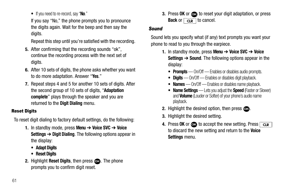 Reset digits, Sound | Samsung Byline SCH-R310 User Manual | Page 64 / 120