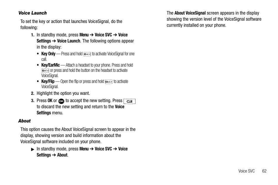 Voice launch, About | Samsung Byline SCH-R310 User Manual | Page 65 / 120