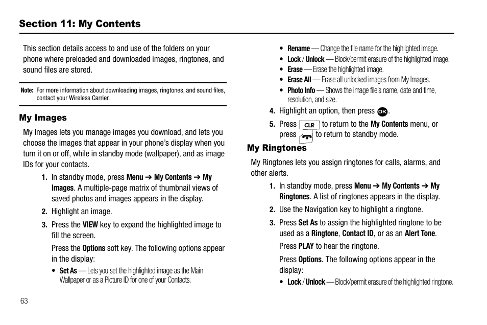 Section 11: my contents, My images, My ringtones | My images my ringtones | Samsung Byline SCH-R310 User Manual | Page 66 / 120