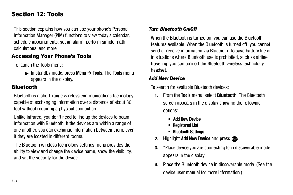 Section 12: tools, Accessing your phone’s tools, Bluetooth | Turn bluetooth on/off, Add new device, Accessing your phone’s tools bluetooth | Samsung Byline SCH-R310 User Manual | Page 68 / 120