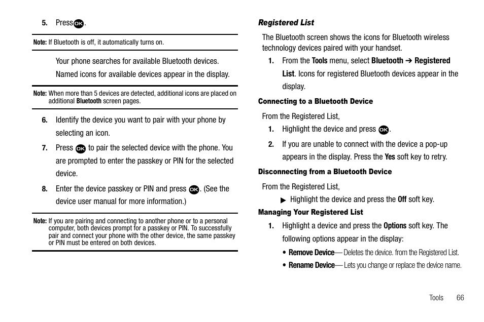 Registered list, Connecting to a bluetooth device, Disconnecting from a bluetooth device | Managing your registered list | Samsung Byline SCH-R310 User Manual | Page 69 / 120