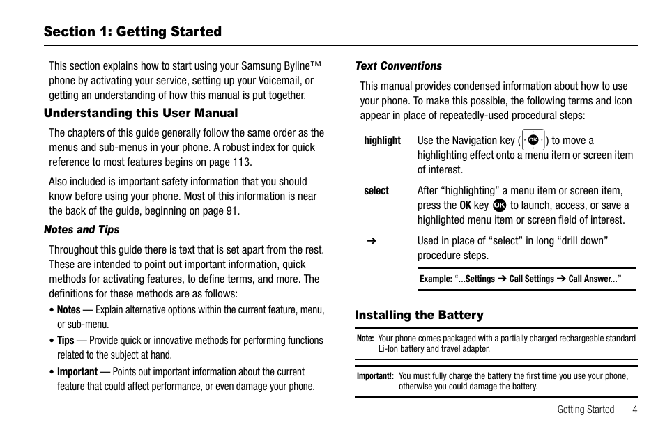 Section 1: getting started, Understanding this user manual, Notes and tips | Text conventions, Installing the battery | Samsung Byline SCH-R310 User Manual | Page 7 / 120