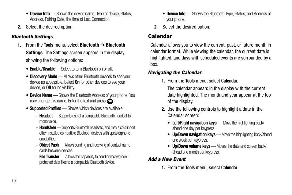 Bluetooth settings, Calendar, Navigating the calendar | Add a new event | Samsung Byline SCH-R310 User Manual | Page 70 / 120