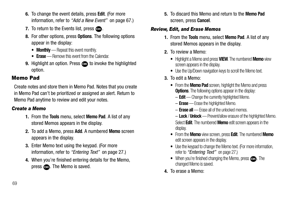 Memo pad, Create a memo, Review, edit, and erase memos | Samsung Byline SCH-R310 User Manual | Page 72 / 120